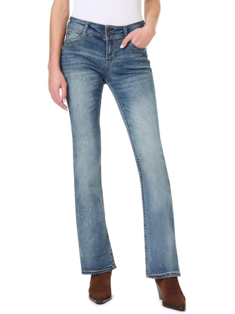 Women's Basil Mid Rise Stretch Denim Trendy Classic Luscious Curvy Bootcut Jeans